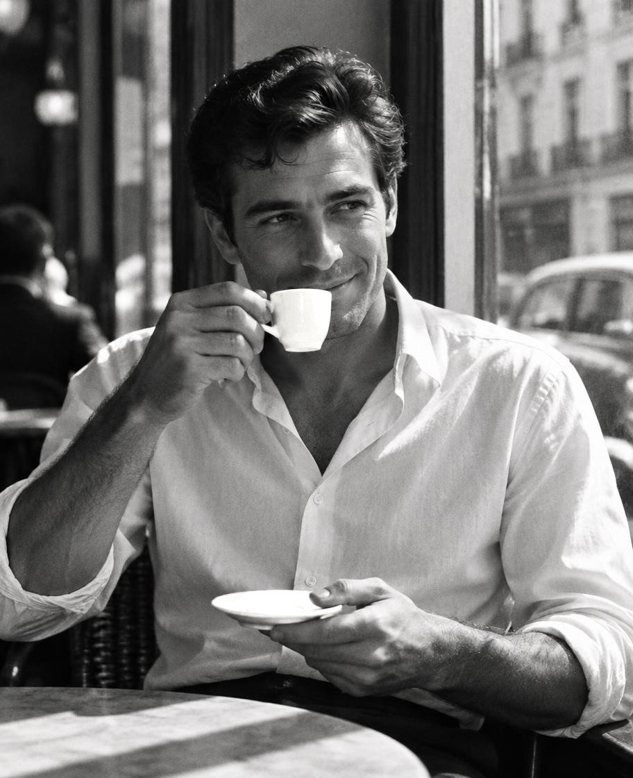 A man in a white shirt sips an espresso at a café table