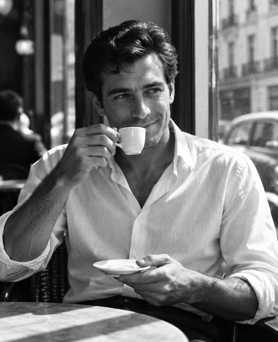 A man in a white shirt sips espresso at a café window